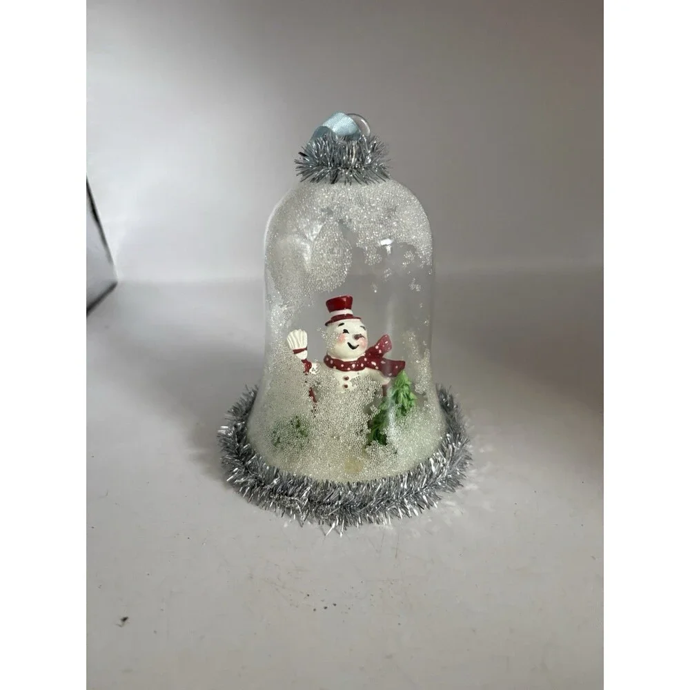 VTG Cloche Glass Done Snowman Tinsel Christmas Ornament  Red Hat And Scarf